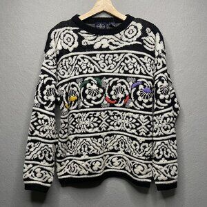 Vintage David Brett Black & White Patterned Abstract Sweater Color Accents M